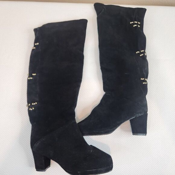Vintage 90s Over Knee High Suede Black Boots Size 7 Block Heel Tall Pull On - Picture 2 of 7